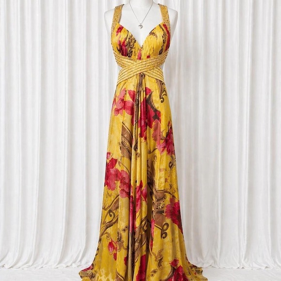 Dresses & Skirts - Y2K vintage La Femme yellow floral beaded halter maxi gown tropical open back